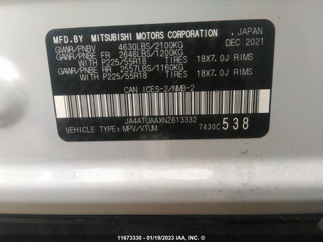 JA4ATUAAXNZ613332 Mitsubishi Eclipse Cross Es