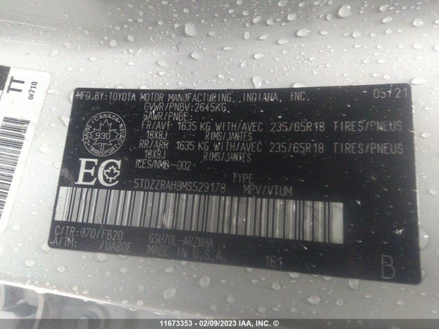 Toyota Highlander L/le 2021 5TDZZRAH9MS529178 Image 9
