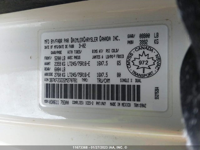 Dodge RAM 2500 2002 3B7KF23Z22M270781 Image 10