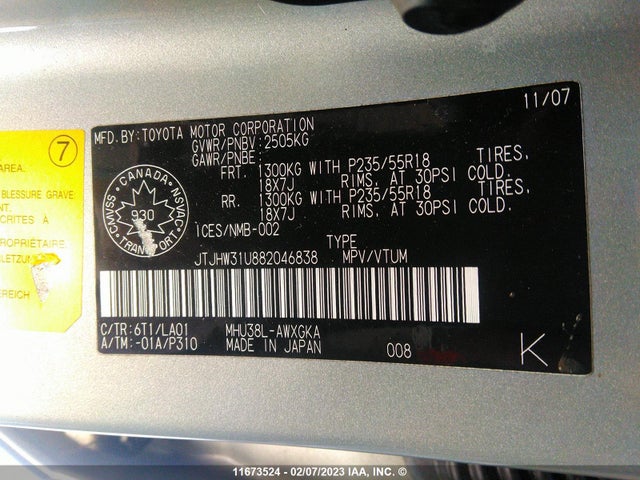 JTJHW31U882046838 Lexus RX 400H