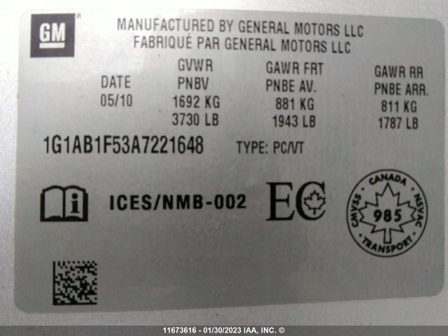 Chevrolet COBALT LS 2010 1G1AB1F53A7221648 Image 11