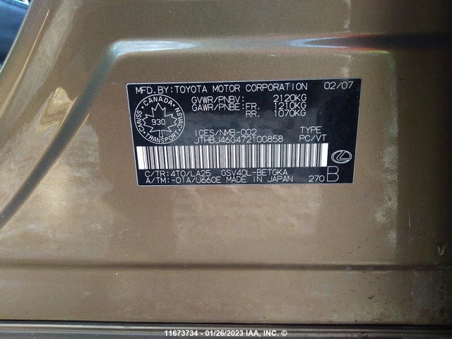 JTHBJ46G472100858 Lexus ES 350