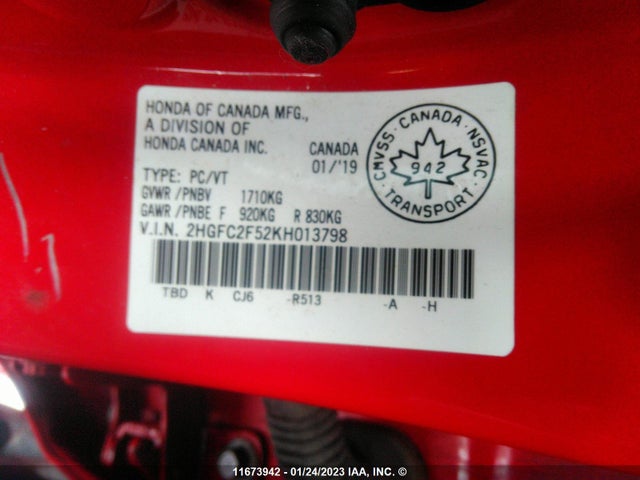 Honda Civic Lx 2019 2HGFC2F52KH013798 Image 10