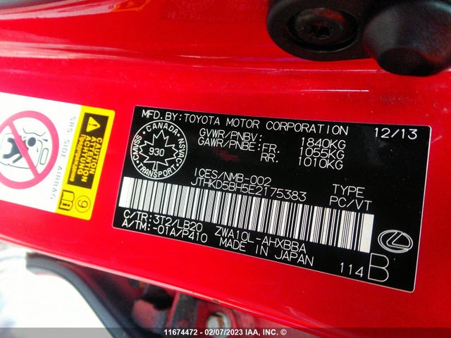 JTHKD5BH5E2175383 Lexus CT 200
