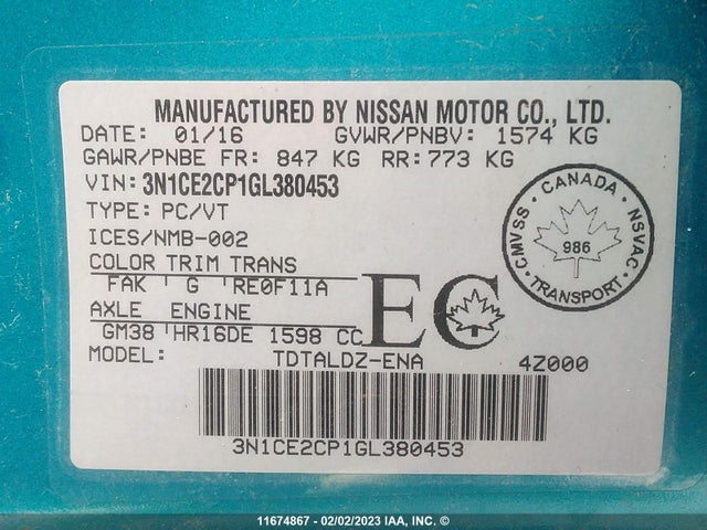 Nissan Versa Note S/s Plus/sv/sl/sr 2016 3N1CE2CP1GL380453 Image 10