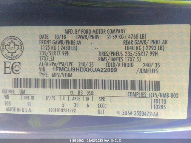 Ford ESCAPE SEL 2019 1FMCU9HDXKUA22009 Image 11