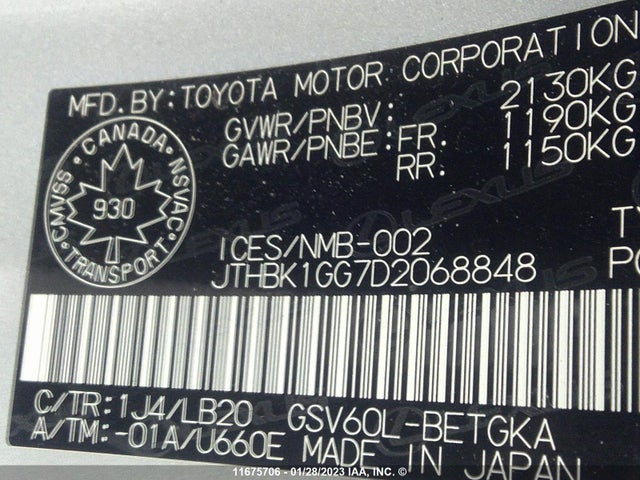 JTHBK1GG7D2068848 Lexus ES 350