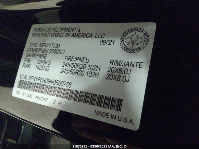Honda Pilot Elite 2022 5FNYF6H09NB500756 Image 10