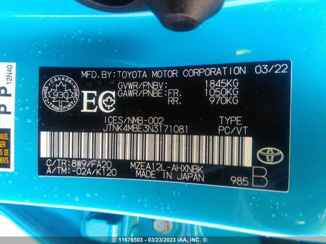 Toyota COROLLA SE 2022 JTNK4MBE3N3171081 Image 9