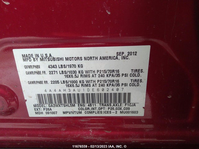 4A4AH3AU1DE602407 Mitsubishi RVR SE