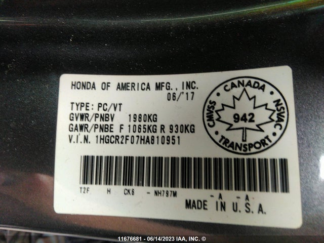 Honda ACCORD EX 2017 1HGCR2F07HA810951 Image 9