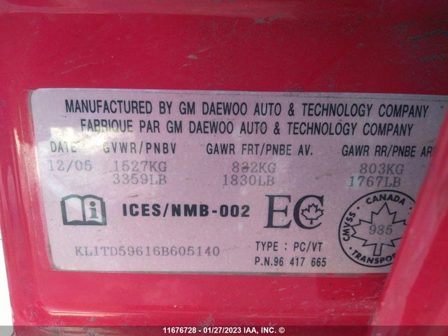 Chevrolet Aveo 2006 KL1TD59616B605140 Image 10