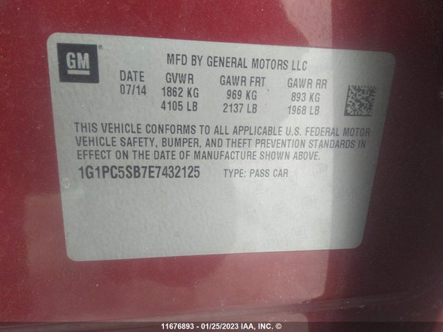 Chevrolet CRUZE LT 2014 1G1PC5SB7E7432125 Image 9