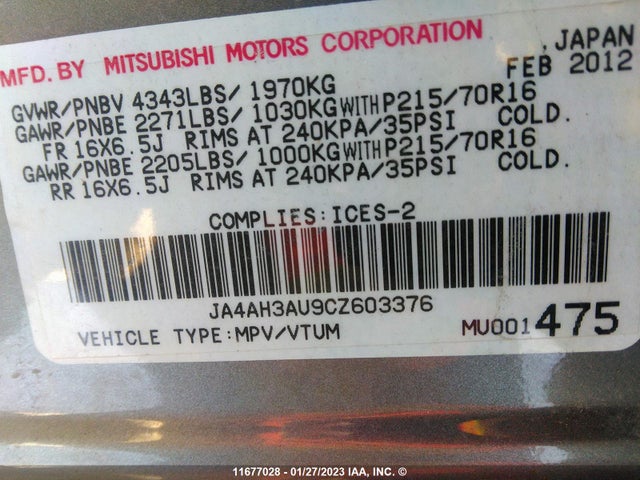 JA4AH3AU9CZ603376 Mitsubishi RVR SE