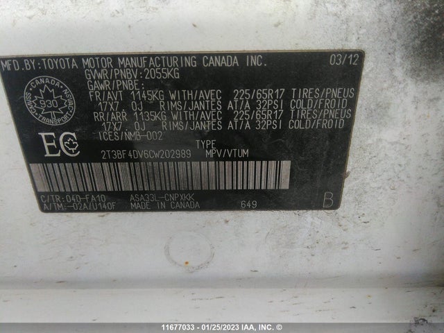 11677033 :رقم المزاد ، 2T3BF4DV6CW202989 vin ، 2012 Toyota Rav4 مزاد بيع
