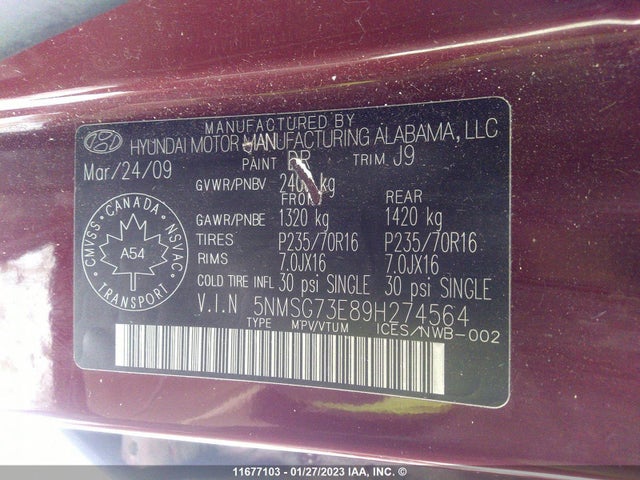 Hyundai Santa Fe Gl 2009 5NMSG73E89H274564 Image 10