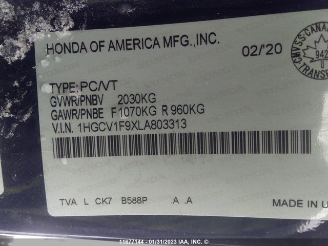 Honda Accord Touring 2020 1HGCV1F9XLA803313 Image 9