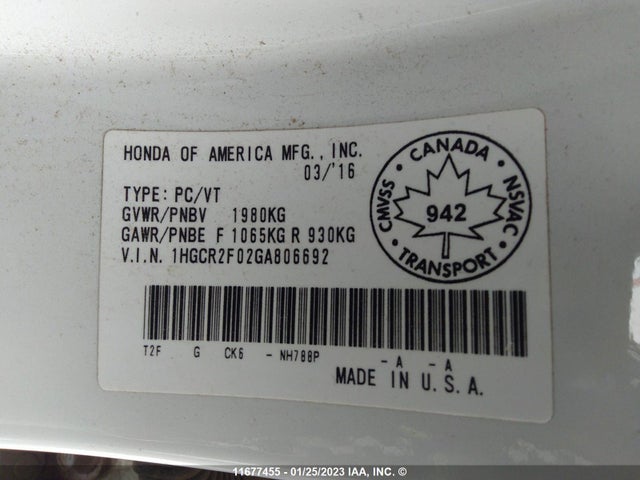Honda ACCORD EX 2016 1HGCR2F02GA806692 Image 9