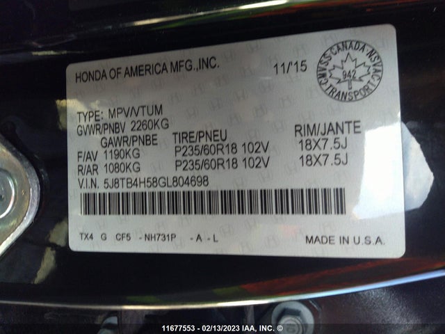 5J8TB4H58GL804698 Acura Rdx Technology