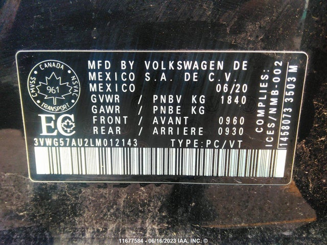 3VWG57AU2LM012143 Volkswagen GOLF