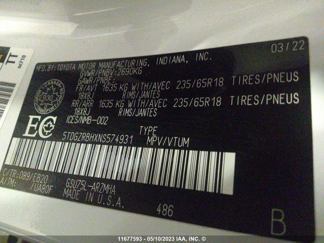 Toyota Highlander Xle 2022 5TDGZRBHXNS574931 Image 10