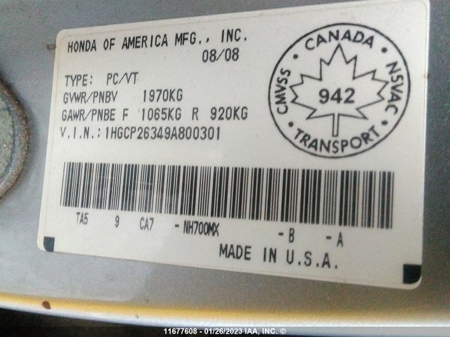 Honda ACCORD LX 2009 1HGCP26349A800301 Image 10