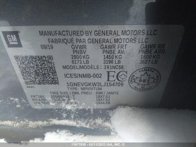 Chevrolet Traverse Lt 2020 1GNEVGKW3LJ154709 Image 9