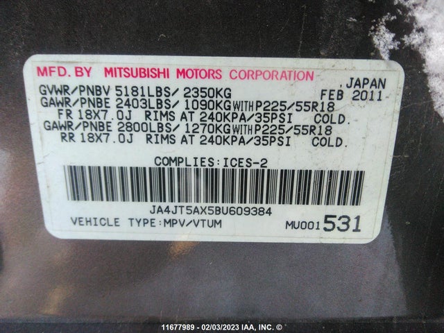 JA4JT5AX5BU609384 Mitsubishi OUTLANDER GT