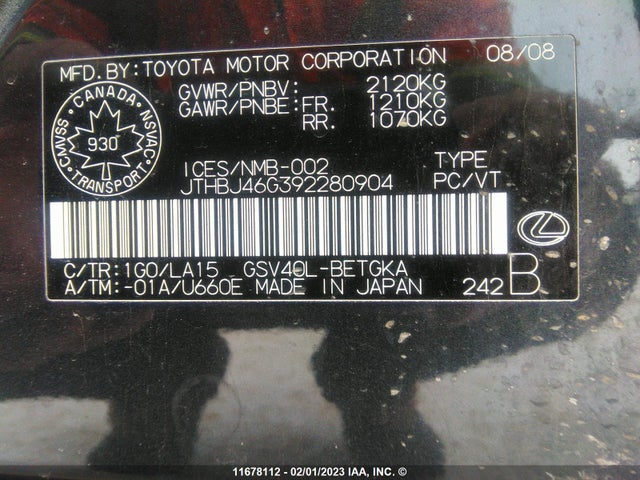JTHBJ46G392280904 Lexus ES 350