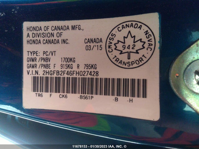 Honda Civic Lx 2015 2HGFB2F46FH027428 Image 9