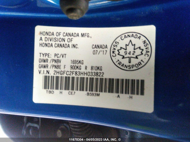 Honda CIVIC EX 2017 2HGFC2F83HH033822 Image 10