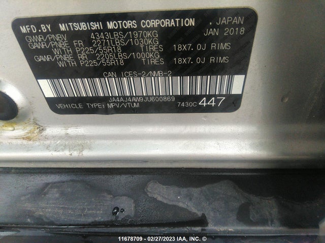 JA4AJ4AW9JU600869 Mitsubishi Rvr Se Limited/gt