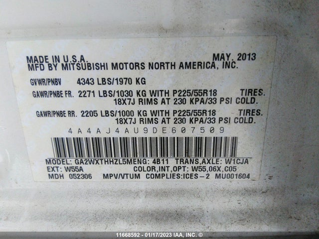 4A4AJ4AU9DE607509 Mitsubishi Rvr Gt