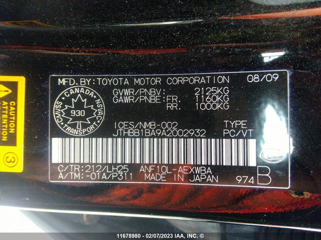 Lexus HS 250H 2010 JTHBB1BA9A2002932 Image 9