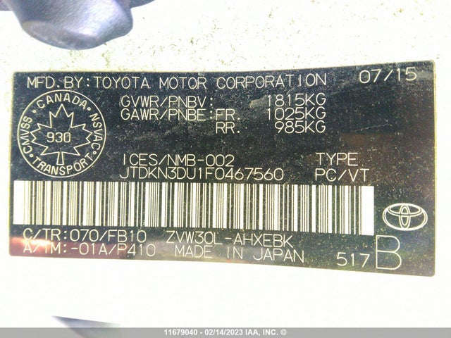 Toyota PRIUS 2015 JTDKN3DU1F0467560 Image 10