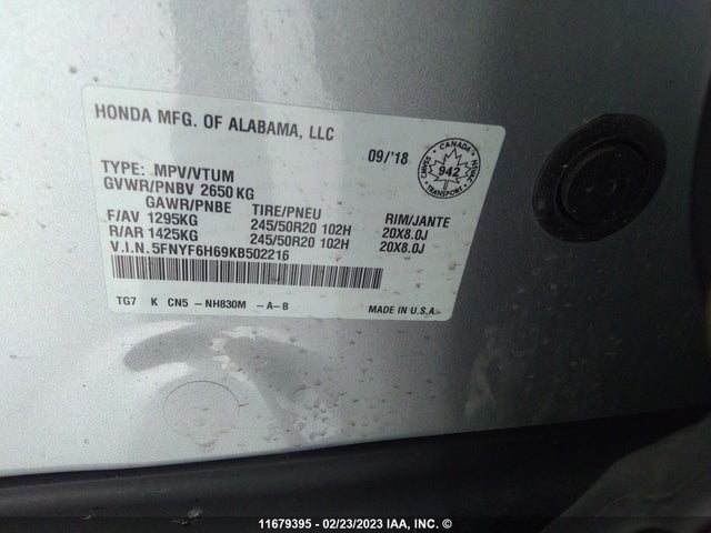 Honda Pilot Touring 2019 5FNYF6H69KB502216 Image 9