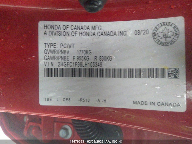 Honda Civic Touring 2020 2HGFC1F98LH105349 Image 9