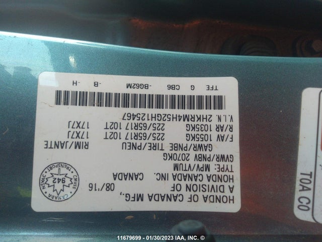 Honda CR-V EX 2016 2HKRM4H52GH125467 Image 9