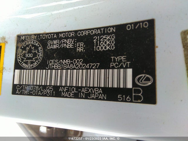 JTHBB1BA8A2024727 Lexus HS 250H