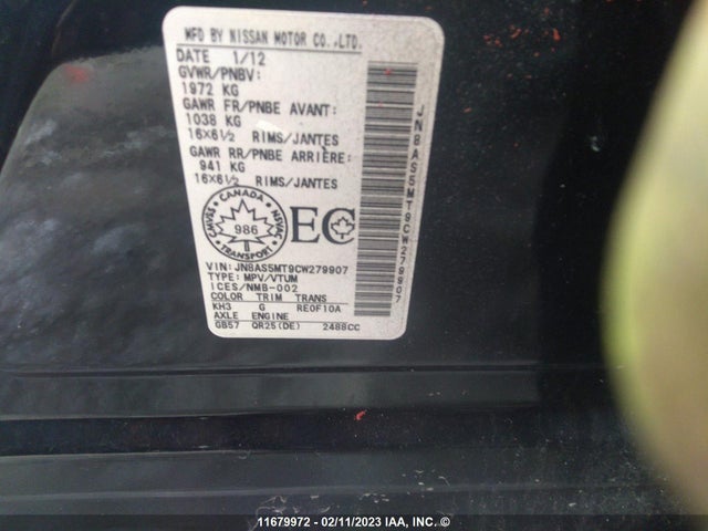 Nissan ROGUE S/SV 2012 JN8AS5MT9CW279907 Image 9