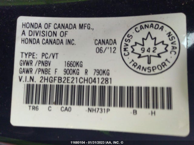 Honda Civic Dx 2012 2HGFB2E21CH041281 Image 9