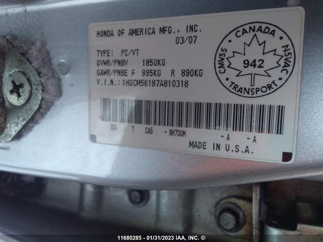 Honda Accord Value 2007 1HGCM56187A810318 Image 10
