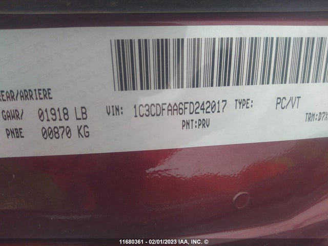 11680361 :رقم المزاد ، 1C3CDFAA6FD242017 vin ، 2015 Dodge Dart Se مزاد بيع