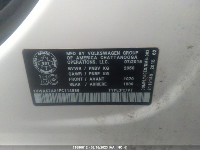 2015 Volkswagen Passat S მანქანა იყიდება აუქციონზე, vin: 1VWAS7A31FC114836, აუქციონის ნომერი: 11680612