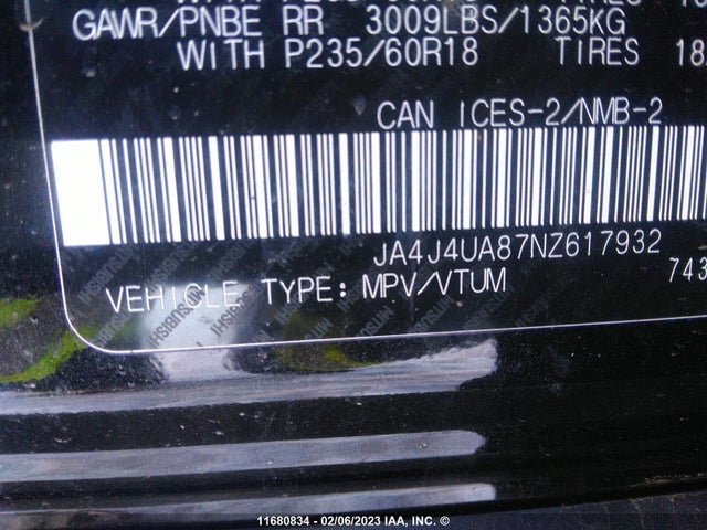 JA4J4UA87NZ617932 Mitsubishi Outlander Se/black Edition
