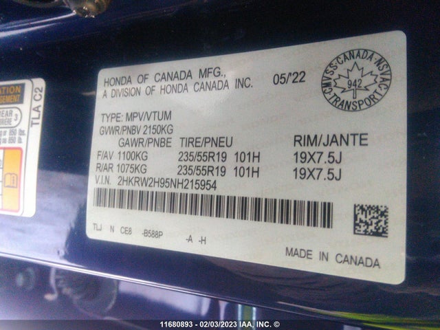 Honda Cr-v Touring 2022 2HKRW2H95NH215954 Image 10