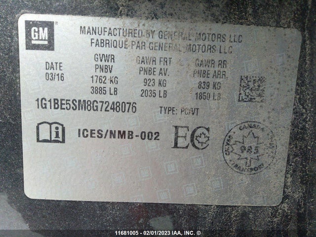 Chevrolet CRUZE LT 2016 1G1BE5SM8G7248076 Image 9