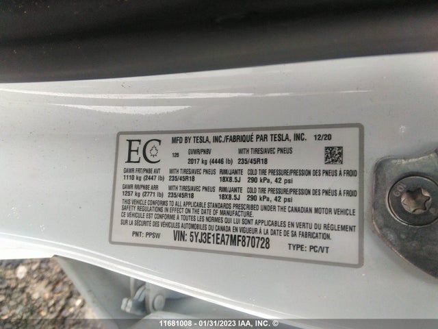 5YJ3E1EA7MF870728 Tesla MODEL 3