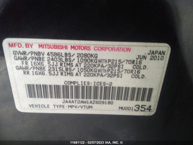 JA4AT2AW1AZ609180 Mitsubishi Outlander Es