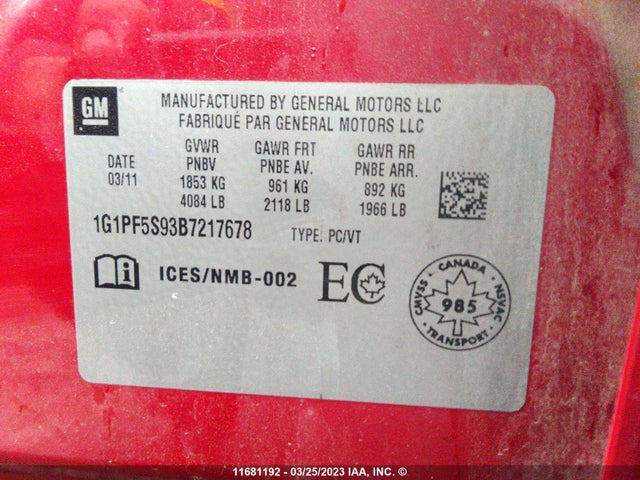 Chevrolet CRUZE LT 2011 1G1PF5S93B7217678 Image 11